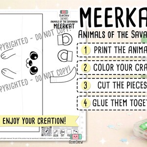 K&ouml;nnte beinhalten: Schwarz-wei&szlig; druckbare Erdm&auml;nnchen-Bastelvorlage von GlueCrew. Das Bild enth&auml;lt Anweisungen: drucken, ausmalen, ausschneiden und kleben. Der Text "Animals of the Savannah" und "Enjoy Your Creation!" sind ebenfalls sichtbar.