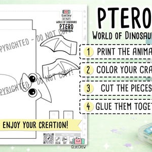 Pode incluir: Uma folha de artesanato imprim&iacute;vel em preto e branco com um design de dinossauro Ptero. A p&aacute;gina inclui as instru&ccedil;&otilde;es: 1 PRINT THE ANIMALS, 2 COLOR YOUR CRAFT, 3 CUT THE PIECES, 4 GLUE THEM TOGETHER, e o texto ENJOY YOUR CREATION.
