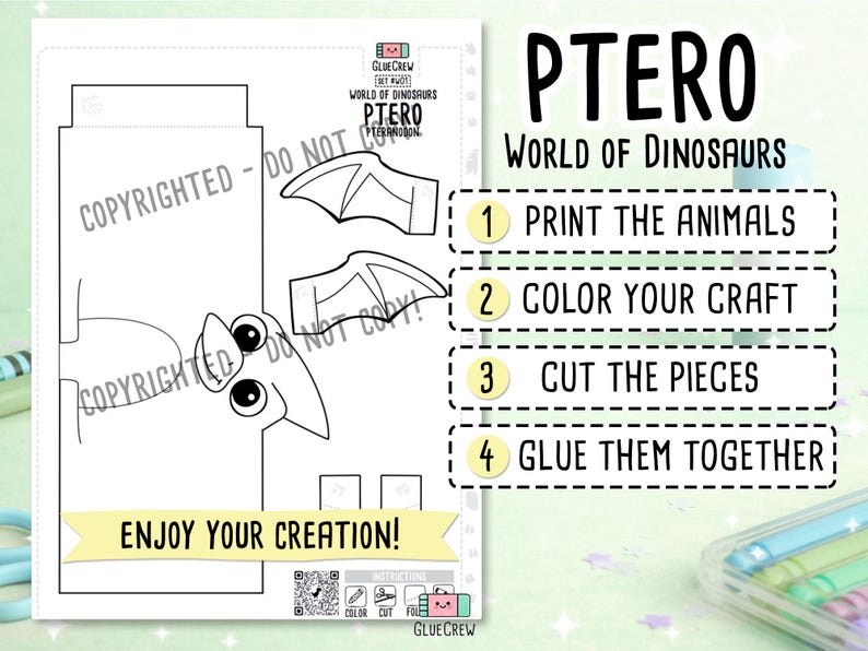 Pode incluir: Uma folha de artesanato imprim&iacute;vel em preto e branco com um design de dinossauro Ptero. A p&aacute;gina inclui as instru&ccedil;&otilde;es: 1 PRINT THE ANIMALS, 2 COLOR YOUR CRAFT, 3 CUT THE PIECES, 4 GLUE THEM TOGETHER, e o texto ENJOY YOUR CREATION.