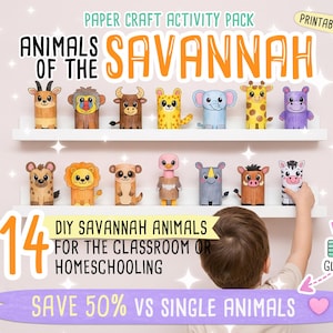 K&ouml;nnte beinhalten: Eine Sammlung von 14 DIY-Basteltieren der Savanne, darunter eine Giraffe und ein Elefant, die auf Regalen ausgestellt sind. Das Bild enth&auml;lt den Text "Paper Craft Activity Pack" und "Printable PDF". Der Text lautet auch "Save 50% vs single animals".