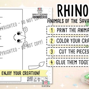K&ouml;nnte beinhalten: Ein schwarz-wei&szlig; druckbares Bastelprojekt mit einem Nashorn aus der Sammlung Tiere der Savanne. Anweisungen umfassen Drucken, Ausmalen, Ausschneiden und Kleben. Der Text lautet "Viel Spa&szlig; beim Basteln!"