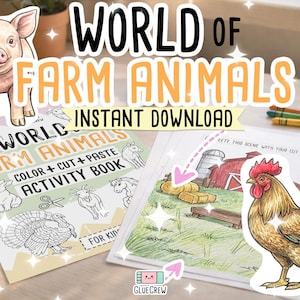 May include: A printable activity book titled World of Farm Animals featuring line art of a pig, rabbit, turkey, goat, and horse. The set includes a colored illustration of a rooster and a farm scene with a red barn, hay bales, and a trough.
