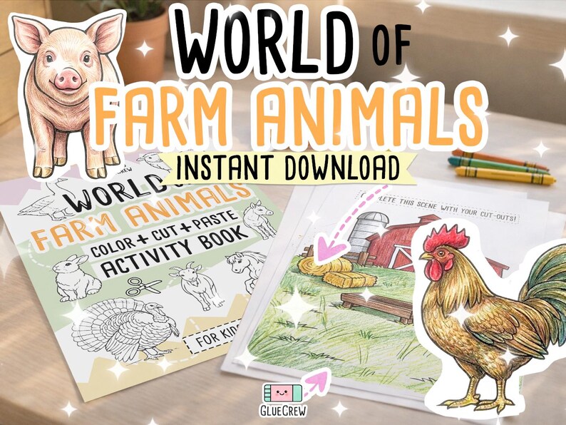 May include: A printable activity book titled World of Farm Animals featuring line art of a pig, rabbit, turkey, goat, and horse. The set includes a colored illustration of a rooster and a farm scene with a red barn, hay bales, and a trough.