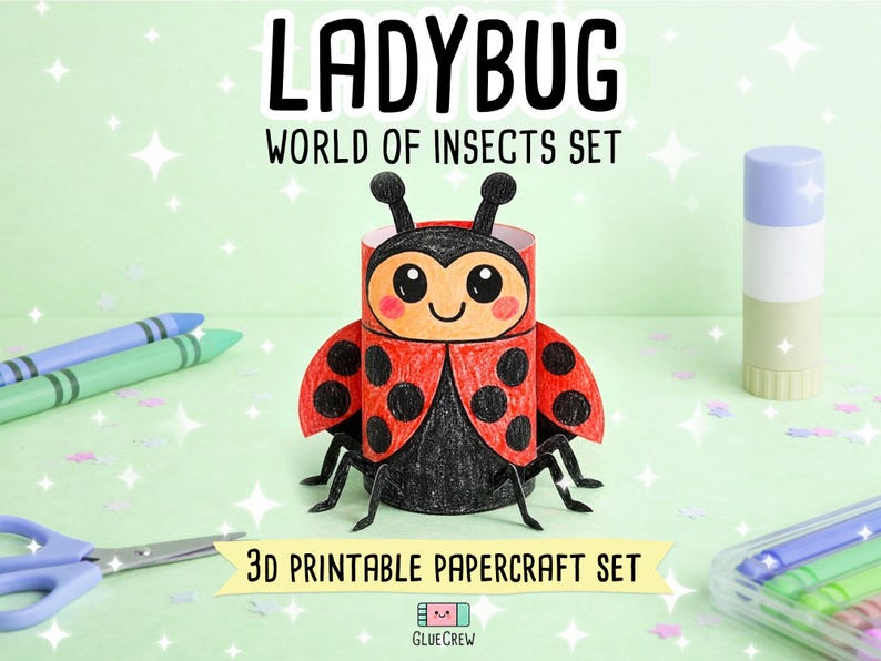 Ladybug 3D Paper Craft Kit, Cute Printable Kids Craft, Red and Black Insect Theme, Educational DIY Preschool Activity image 1