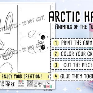 Puede incluir: Una hoja de manualidades imprimible titulada ARCTIC HARE ANIMALS OF THE TUNDRA con dibujos de l&iacute;neas en blanco y negro de orejas, patas y una cara de liebre. La p&aacute;gina incluye instrucciones numeradas: 1 PRINT THE ANIMALS, 2 COLOR YOUR CRAFT, 3 CUT THE PIECES, 4 GLUE THEM TOGETHER.
