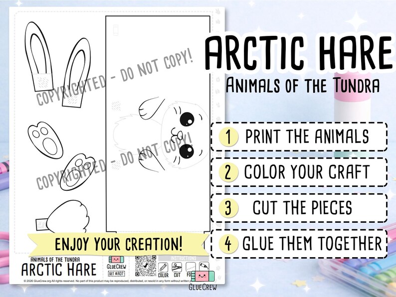 Puede incluir: Una hoja de manualidades imprimible titulada ARCTIC HARE ANIMALS OF THE TUNDRA con dibujos de l&iacute;neas en blanco y negro de orejas, patas y una cara de liebre. La p&aacute;gina incluye instrucciones numeradas: 1 PRINT THE ANIMALS, 2 COLOR YOUR CRAFT, 3 CUT THE PIECES, 4 GLUE THEM TOGETHER.