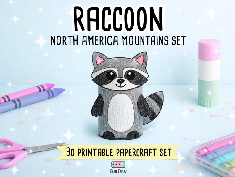 Puede incluir: Una figura de mapache de papel en 3D con pelaje gris, vientre blanco y cola a rayas. El texto dice RACCOON NORTH AMERICA MOUNTAINS SET y 3D PRINTABLE PAPERCRAFT SET. La figura est&aacute; rodeada por tijeras rosas, crayones y una barra de pegamento.