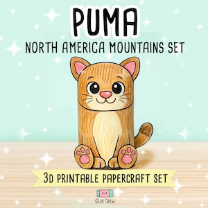 Puede incluir: Un set de manualidades en papel 3D imprimible que muestra un puma marr&oacute;n con almohadillas y orejas rosas. El texto PUMA, NORTH AMERICA MOUNTAINS SET, 3D PRINTABLE PAPERCRAFT SET y GLUE CREW aparece sobre un fondo azul claro.