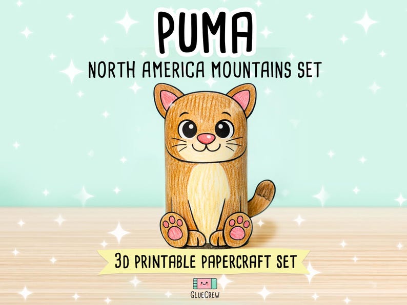 Puede incluir: Un set de manualidades en papel 3D imprimible que muestra un puma marr&oacute;n con almohadillas y orejas rosas. El texto PUMA, NORTH AMERICA MOUNTAINS SET, 3D PRINTABLE PAPERCRAFT SET y GLUE CREW aparece sobre un fondo azul claro.
