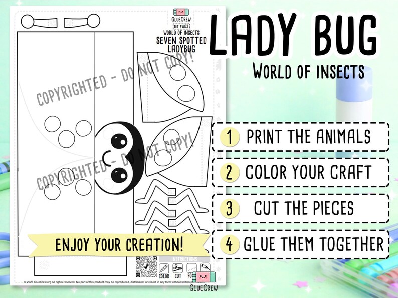 Ladybug 3D Paper Craft Kit, Cute Printable Kids Craft, Red and Black Insect Theme, Educational DIY Preschool Activity image 2