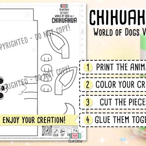 May include: A black and white printable craft sheet for a Chihuahua from World of Dogs Vol. 1. The page includes outlines for ears, paws, and a tail, with instructions: 1 Print the animals, 2 Colour your craft, 3 Cut the pieces, 4 Glue them together.