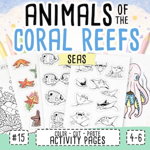 Animals of the Coral Reefs, learning binder and cut and paste, coral reef animals, kindergarten prep and coloring pages, Printable (PDF) afbeelding 1