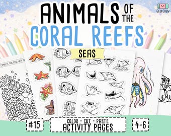 Animals of the Coral Reefs, learning binder and cut and paste, coral reef animals, kindergarten prep and coloring pages, Printable (PDF)