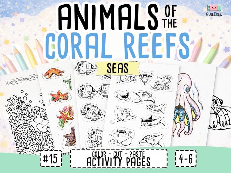 Animals of the Coral Reefs, learning binder and cut and paste, coral reef animals, kindergarten prep and coloring pages, Printable (PDF) afbeelding 1