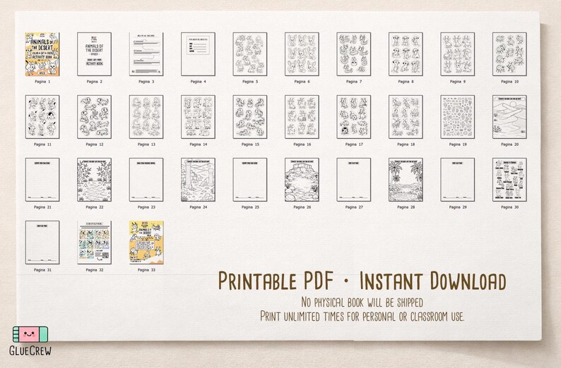 Preview collage of the “Animals of the Desert” printable PDF, showing small thumbnails of multiple interior activity pages and covers, labeled as an instant digital download with no physical book shipped.