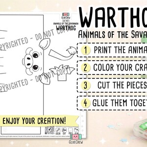 May include: A printable black and white craft sheet featuring a cartoon warthog from the "Animals of the Savannah" series. Instructions include printing, coloring, cutting, and gluing. The text "Enjoy Your Creation!" is also included.