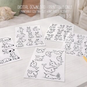 May include: A collection of printable coloring and cut-and-paste activity sheets for ages 3-5, featuring various animals like bunnies, deer, bears, and narwhals. The sheets are black and white line drawings, perfect for young children to color and create.