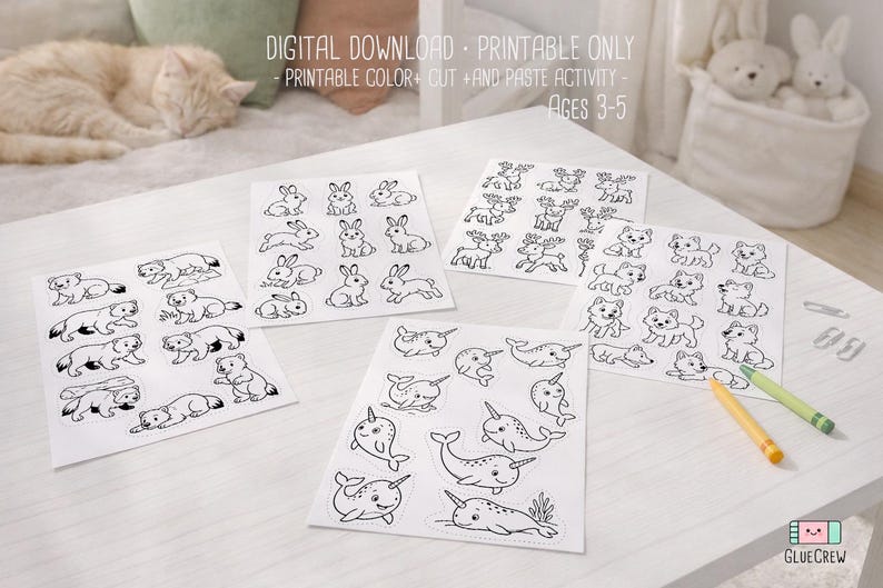 May include: A collection of printable coloring and cut-and-paste activity sheets for ages 3-5, featuring various animals like bunnies, deer, bears, and narwhals. The sheets are black and white line drawings, perfect for young children to color and create.