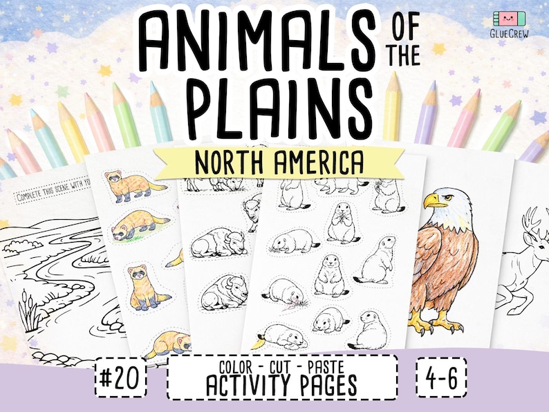 Animals of American Plains Kids Activity Book, Color & Cut and Paste, Preschool Coloring Printable Worksheets (PDF) image 1