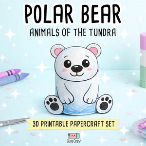 Może przedstawiać: Figurka niedźwiedzia polarnego z papieru 3D z białym ciałem, r&oacute;żowymi uszami i czarnymi opuszkami łap. Widoczny jest tekst POLAR BEAR ANIMALS OF THE TUNDRA oraz 3D PRINTABLE PAPERCRAFT SET. Rękodzieło otaczają kredki, nożyczki i klej w sztyfcie.