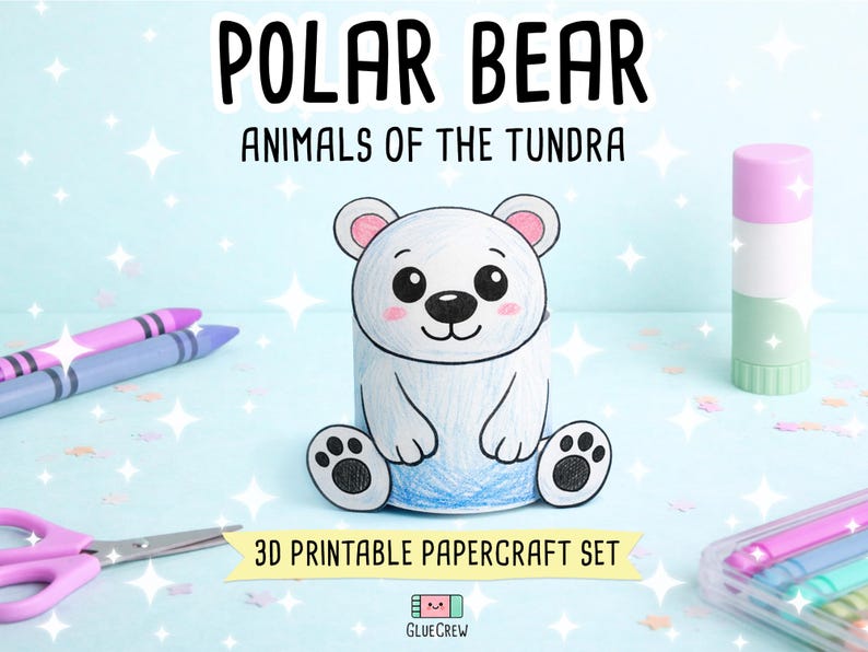 Może przedstawiać: Figurka niedźwiedzia polarnego z papieru 3D z białym ciałem, r&oacute;żowymi uszami i czarnymi opuszkami łap. Widoczny jest tekst POLAR BEAR ANIMALS OF THE TUNDRA oraz 3D PRINTABLE PAPERCRAFT SET. Rękodzieło otaczają kredki, nożyczki i klej w sztyfcie.