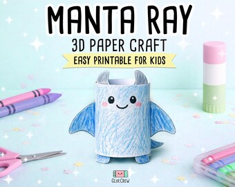 Manta Ray Paper Craft 3D DIY Kit, Cute Blue Smiling Animal, Child-Friendly Cartoon Style, Easy Assembly Decorative Fun