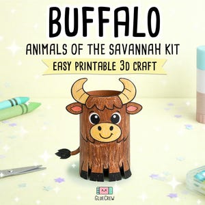 May include: A handmade paper buffalo craft with a cartoon design, part of an "Animals of the Savannah Kit." The buffalo is brown with tan horns and a smiling face. The image includes crayons, scissors, and glue stick.