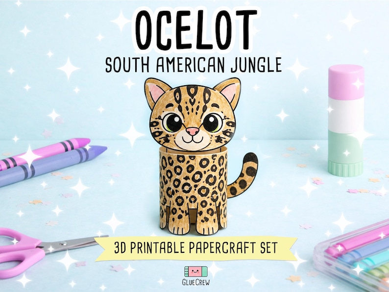 Ocelot Printable Craft for Kids | Printable Kids Paper Craft Activity | South American Jungle | Teacher School Homeschool Habitat Unit afbeelding 1