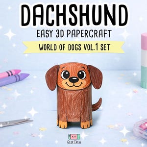 Pu&ograve; includere: Una figura di bassotto in carta marrone con occhi grandi e orecchie pendenti, con il testo DACHSHUND EASY 3D PAPERCRAFT WORLD OF DOGS VOL.1 SET. La figura &egrave; circondata da pastelli viola, forbici rosa, una colla stick e una scatola di pastelli.