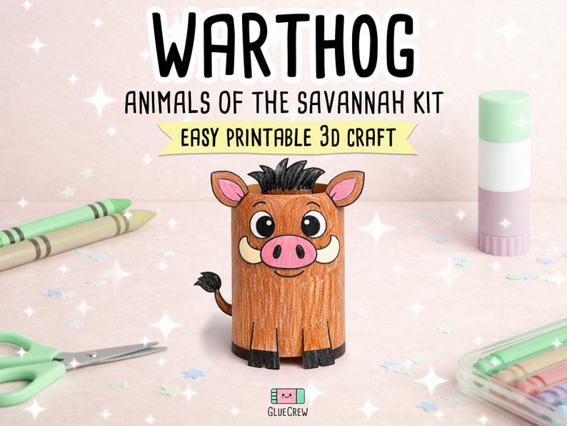May include: A craft kit for a 3D warthog, part of the Animals of the Savannah series. The image shows a finished warthog craft, crayons, scissors, and glue stick. Text reads "WARTHOG" and "EASY PRINTABLE 3D CRAFT".