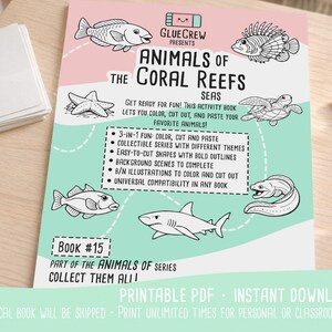 Animals of the Coral Reefs, learning binder and cut and paste, coral reef animals, kindergarten prep and coloring pages, Printable (PDF) afbeelding 4