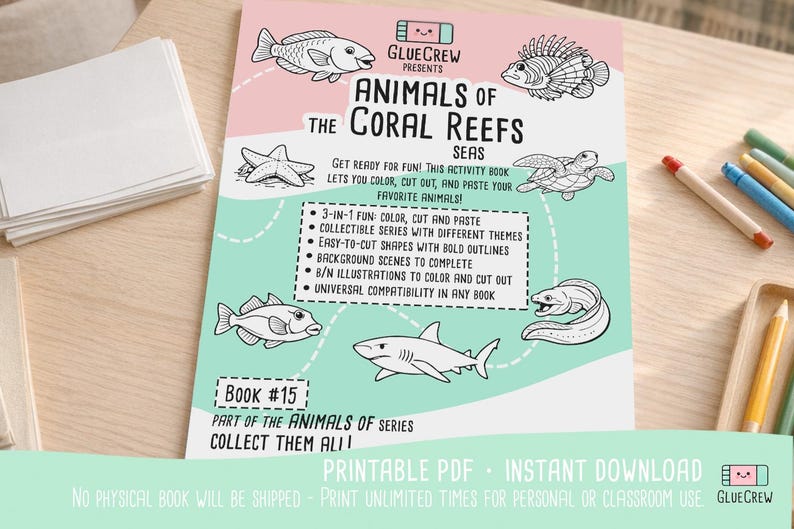 Animals of the Coral Reefs, learning binder and cut and paste, coral reef animals, kindergarten prep and coloring pages, Printable (PDF) afbeelding 4