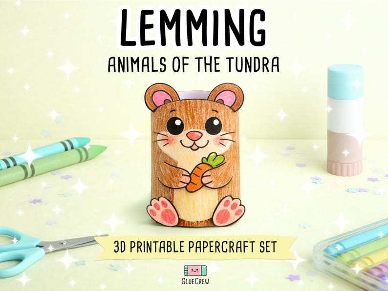 Lemming 3D Printable Paper Craft | Printable Animal Craft for Kids | Arctic Wildlife | Preschool Fine Motor Habitat Project | 3D Papercraft image 1