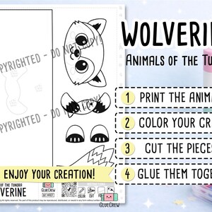 May include: A printable craft sheet featuring a wolverine from the Animals of the Tundra series. The page includes black and white outlines of a wolverine head, paws, and tail, along with instructions: 1 Print the animals, 2 Colour your craft, 3 Cut the pieces, 4 Glue them together.