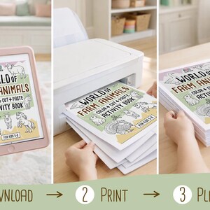 May include: A digital activity book titled World of Farm Animals Color + Cut + Paste Activity Book for Kids 5-8, shown on a tablet screen, being printed from a white printer, and as a finished stack of printed pages on a wooden table.