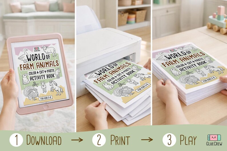 May include: A digital activity book titled World of Farm Animals Color + Cut + Paste Activity Book for Kids 5-8, shown on a tablet screen, being printed from a white printer, and as a finished stack of printed pages on a wooden table.