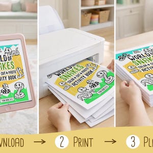 Pu&ograve; includere: Un'immagine a pi&ugrave; pannelli che mostra i passaggi per creare un libro di attivit&agrave; "World of Snakes". Il primo pannello mostra un tablet che mostra la copertina del libro. Il secondo pannello mostra la stampa del libro. Il terzo pannello mostra una pila di libri stampati.