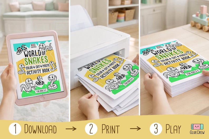 Pu&ograve; includere: Un'immagine a pi&ugrave; pannelli che mostra i passaggi per creare un libro di attivit&agrave; "World of Snakes". Il primo pannello mostra un tablet che mostra la copertina del libro. Il secondo pannello mostra la stampa del libro. Il terzo pannello mostra una pila di libri stampati.
