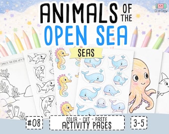 Animals of Open Sea, preschool busy book and cut and paste, ocean animals, toddler worksheets and coloring printables, Printable PDF