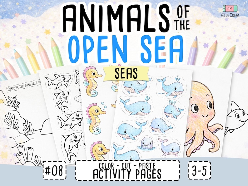 以下が含まれることがあります： 「Animals of the Open Sea」のアクティビティページ集。サメ、タツノオトシゴ、クジラ、タコなどの海の生き物をテーマにした塗り絵や切り貼りアクティビティが含まれています。「Color - Cut - Paste Activity Pages」と「3-5」の文字があります。