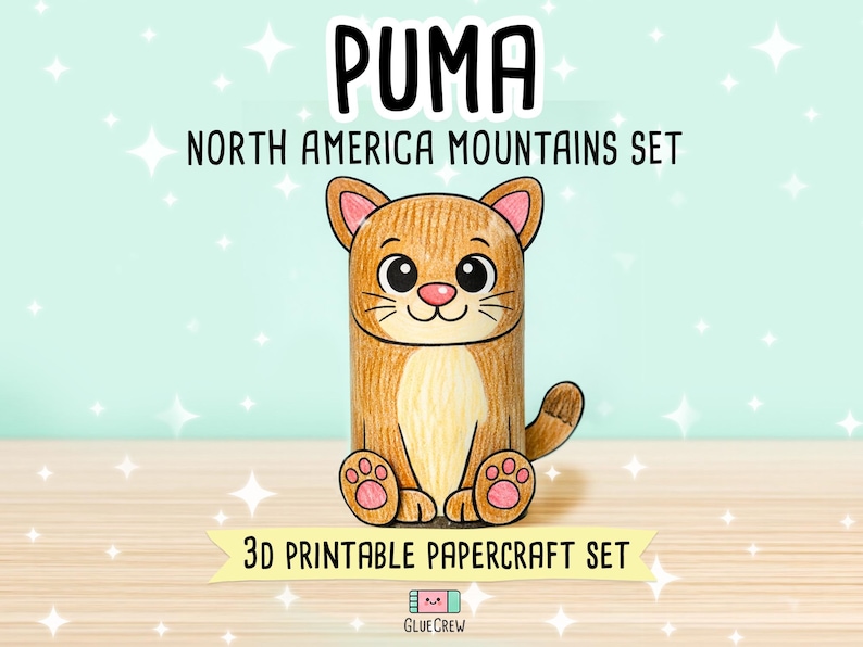 May include: A 3D printable papercraft set featuring a brown puma with a light tan belly, pink nose, and pink paw pads. The text PUMA, NORTH AMERICA MOUNTAINS SET, and 3D PRINTABLE PAPERCRAFT SET are displayed in black and white lettering.