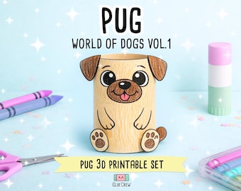 Pug Paper Craft Printable 3D DIY Dog Kit for Kids, Cute Puppies Activity for Preschool, Home Schooling and Primary School Teaching