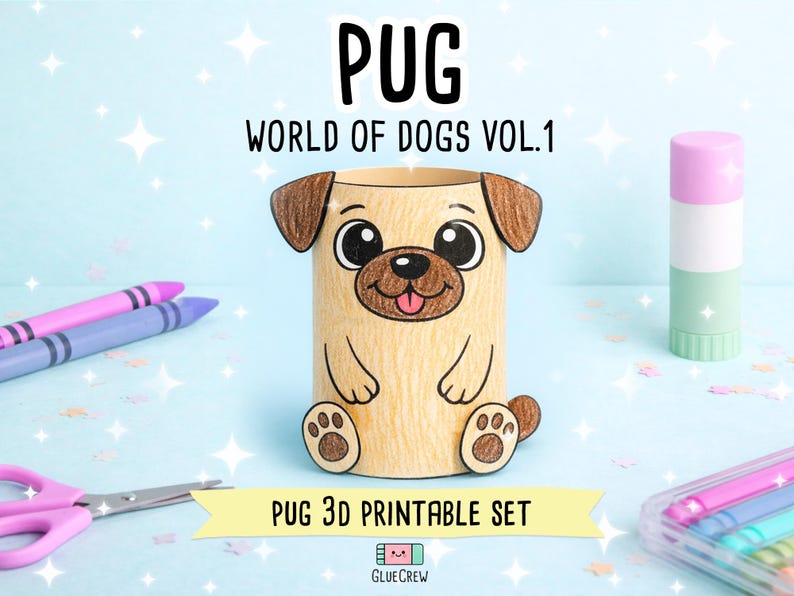 May include: A cylindrical paper craft shaped like a pug dog with tan fur, brown ears, and a black nose. The text PUG WORLD OF DOGS VOL.1 appears above the figure, and PUG 3D PRINTABLE SET is printed on a yellow banner below the pug figure.