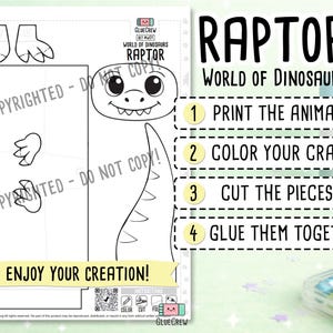 以下が含まれることがあります： 切り抜くための恐竜ラプトルの輪郭と体のパーツが描かれた、白黒の印刷用クラフトシート。RAPTOR、WORLD OF DINOSAURS、ENJOY YOUR CREATIONという文字と、印刷、色塗り、切り抜き、貼り付けの手順が記載されています。