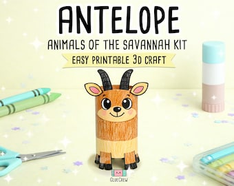 Antilope papier ambachtelijke afdrukbare 3D DIY kit voor kinderen, schattige savanne dieren activiteit voor kleuterschool, thuisonderwijs en basisonderwijs