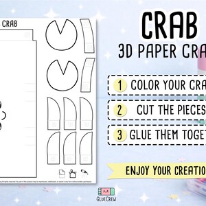 May include: A white crab-shaped paper craft kit with instructions to colour, cut, and glue the pieces together. The image text reads "CRAB 3D PAPER CRAFT" and "Enjoy Your Creation!"