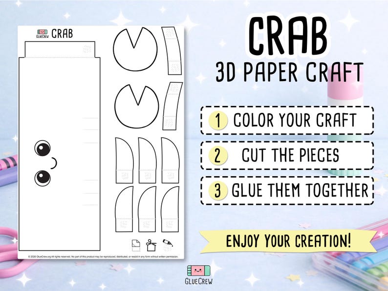 May include: A white crab-shaped paper craft kit with instructions to colour, cut, and glue the pieces together. The image text reads "CRAB 3D PAPER CRAFT" and "Enjoy Your Creation!"