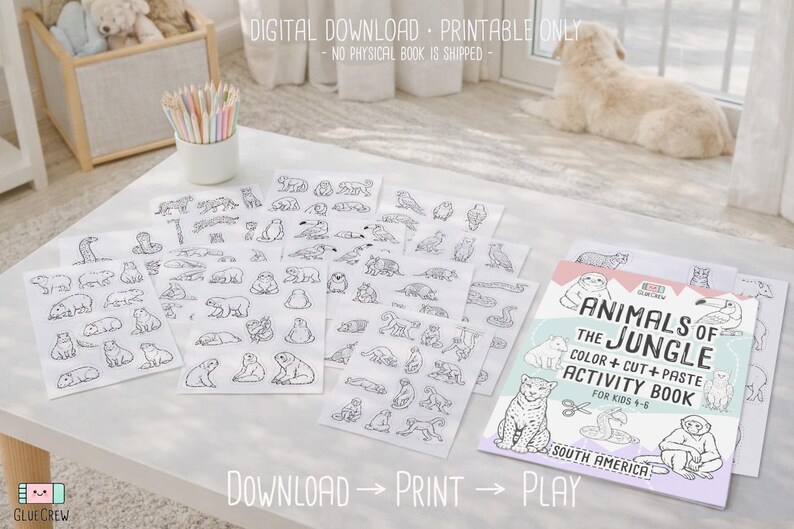 May include: A white table displays a children's activity book titled "Animals of the Jungle" with accompanying coloring pages featuring various jungle animals. The text "Download, Print, Play" is visible. A container of colored pencils is also present.