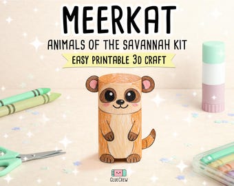 Puede incluir: Un kit de manualidades 3D imprimible con un suricato, con el texto "MEERKAT ANIMALS OF THE SAVANNAH KIT EASY PRINTABLE 3D CRAFT". La imagen incluye crayones, tijeras y barra de pegamento. El suricato es marrón y beige con ojos grandes.