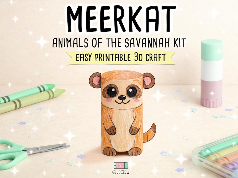 K&ouml;nnte beinhalten: Ein druckbares 3D-Bastelset mit einem Erdm&auml;nnchen, mit dem Text "MEERKAT ANIMALS OF THE SAVANNAH KIT EASY PRINTABLE 3D CRAFT". Das Bild enth&auml;lt Buntstifte, eine Schere und einen Klebestift. Das Erdm&auml;nnchen ist braun und hellbraun mit gro&szlig;en Augen.